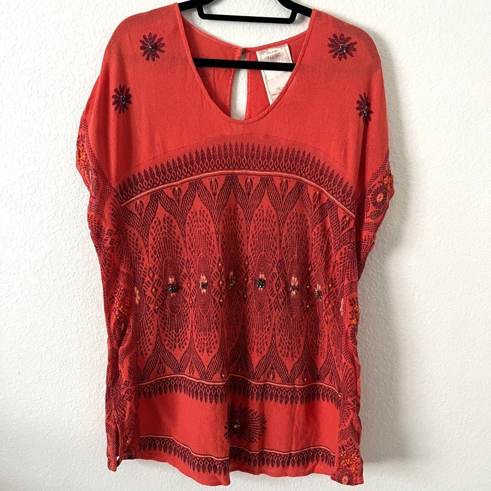 Free People New Romantics Size S Orange Byzantine Embellished‎ Tunic Top Womens